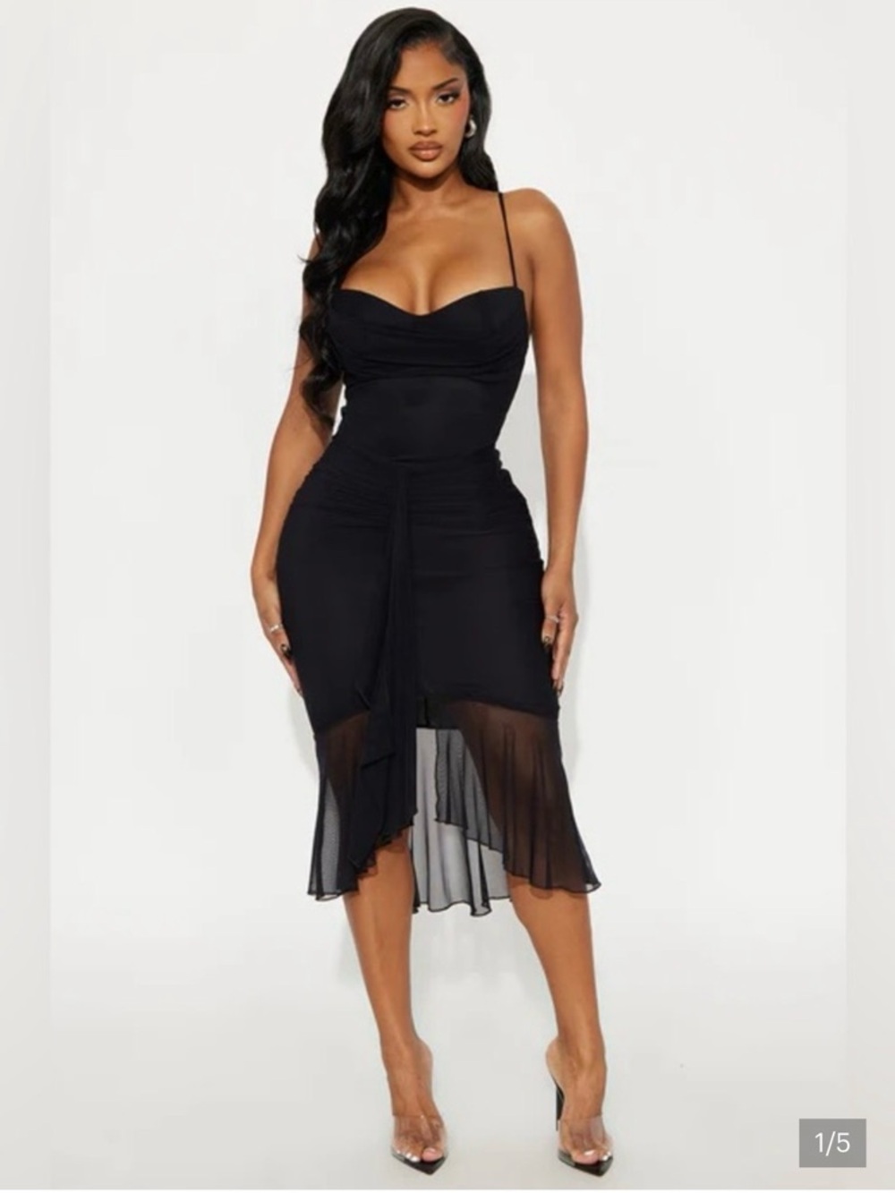 Fashion Nova NWT XS Black Mermaid Hem Midi Dress | Ruched Bodycon Evening Dress